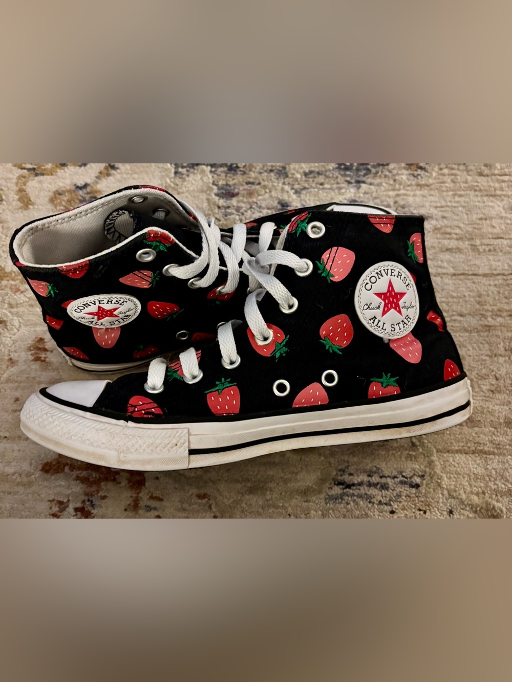 Converse Kids Black High Top Sneakers with Red Strawberry Print